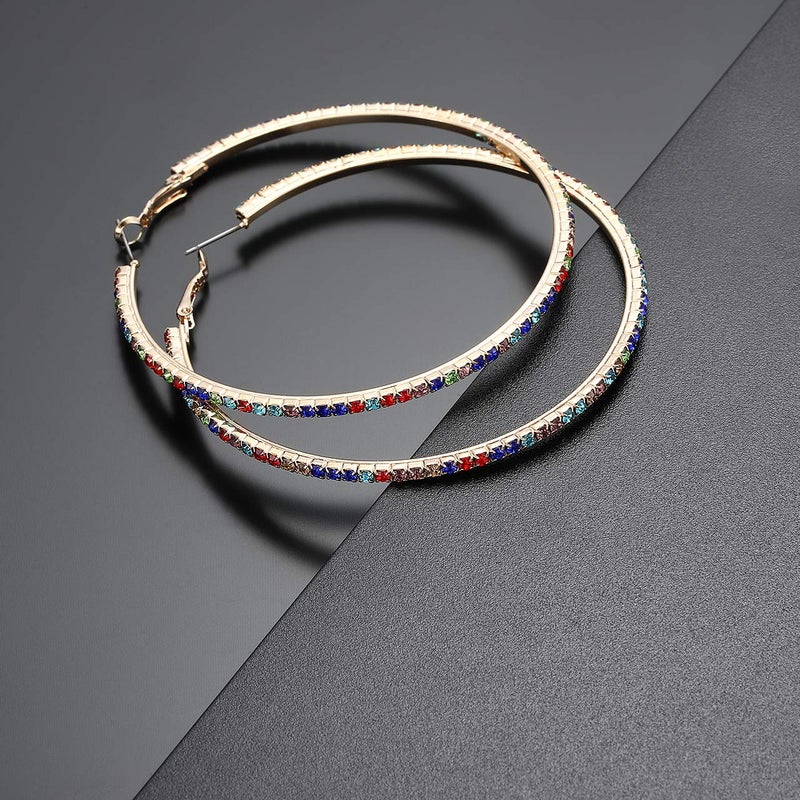 BSJELL Hoop Earrings for Women Large Rhinestone Dazzling Earrings Big Colorful Circle Dangle Hoops (Colourful) - Image 5